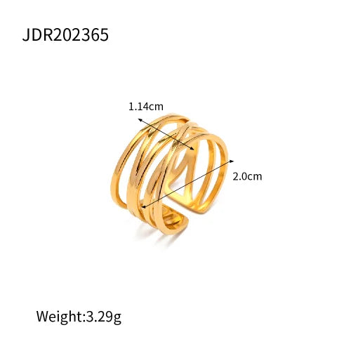 Statement 18K Gold Plated Stainless Steel Multilayer Geometric Irregular Ring Waterproof Fashion Unusual Textured Jewelry
