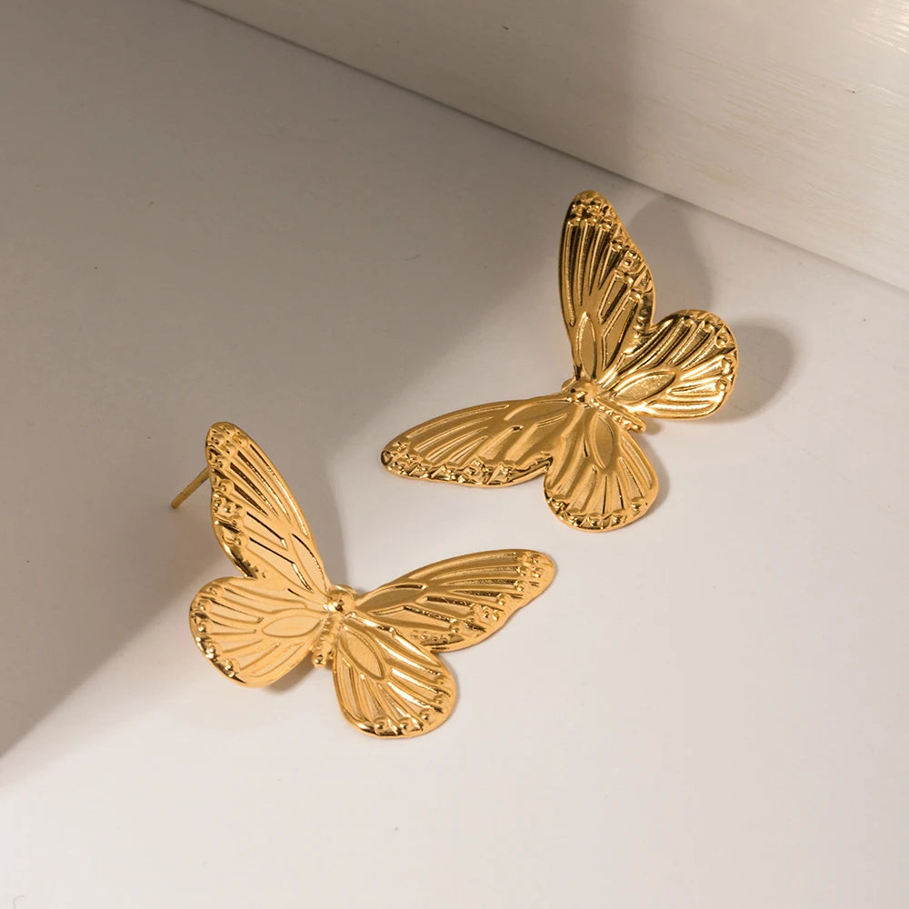 18K Gold Plated Stainless Steel Minimalist Retro Tarnish-proof Butterfly Textured Stud Earrings Unique Women Metal Ear Jewelry