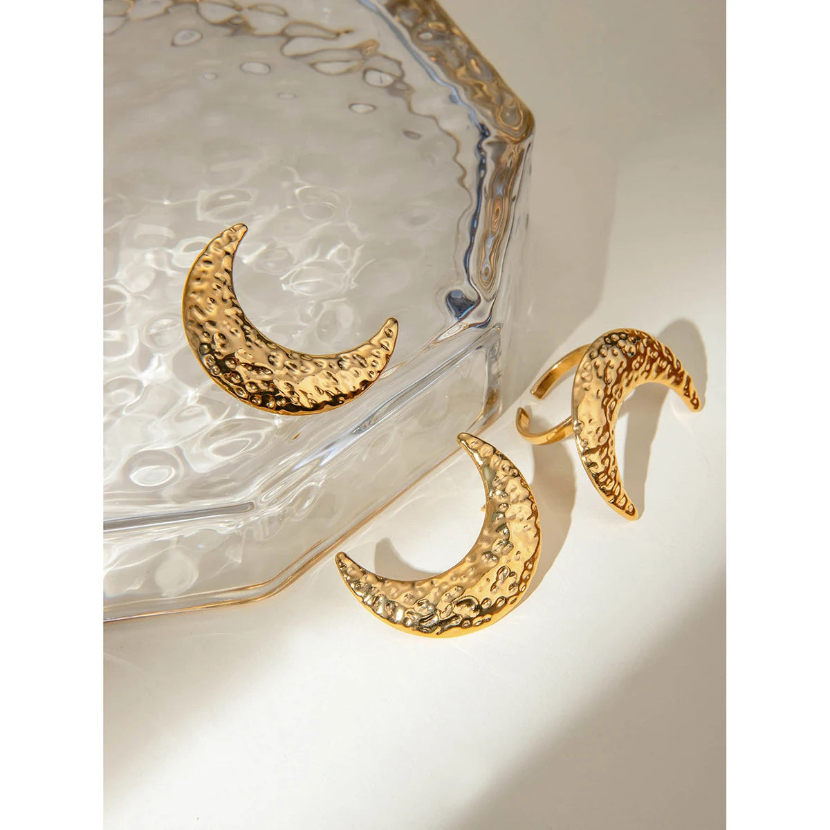 18K PVD Plated Trendy Stainless Steel Hammer Grain Half-Moon Earrings Opening Ring Set Waterproof for Women Gala Gift - Grand Goldman