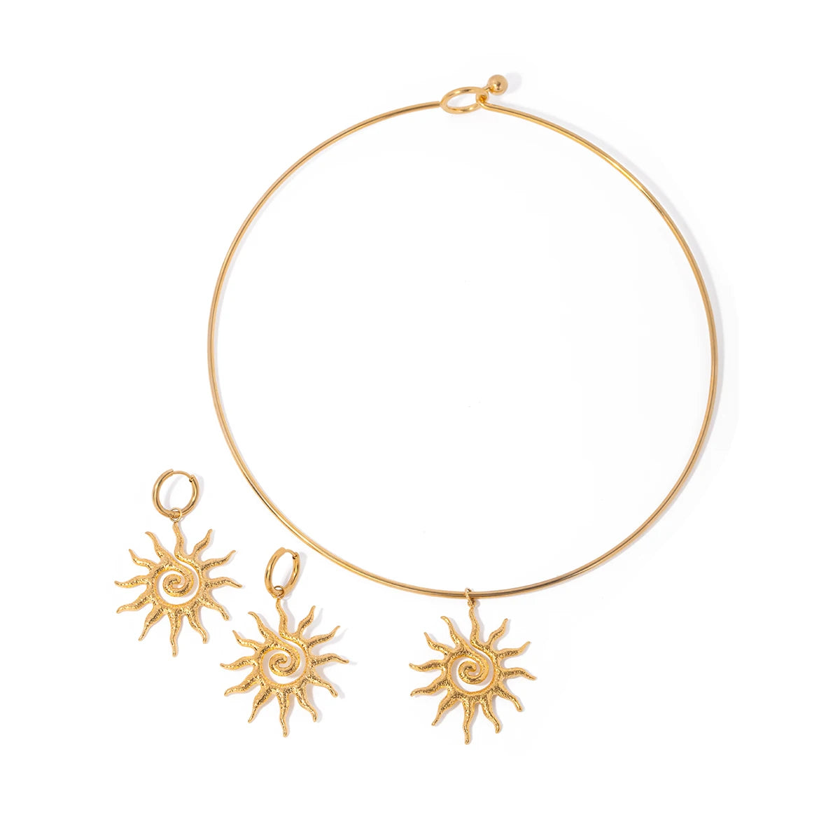 Stainless Steel Geometric Fashion Spiral Sunflower Pendant Necklace/Earrings 18K Gold Plated Prevent Allergy Statement Jewelry - Grand Goldman