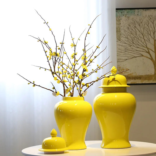 Vase décoratif chinois en céramique jaune pour arrangement floral avec couvercle, réservoir de rangement, décoration de la maison