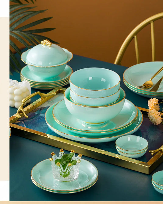 Jingdezhen Light Luxury Bone Porcelain Hand-painted Gold Border Bowl Plate Combination, Celadon Tableware Set for Household Use