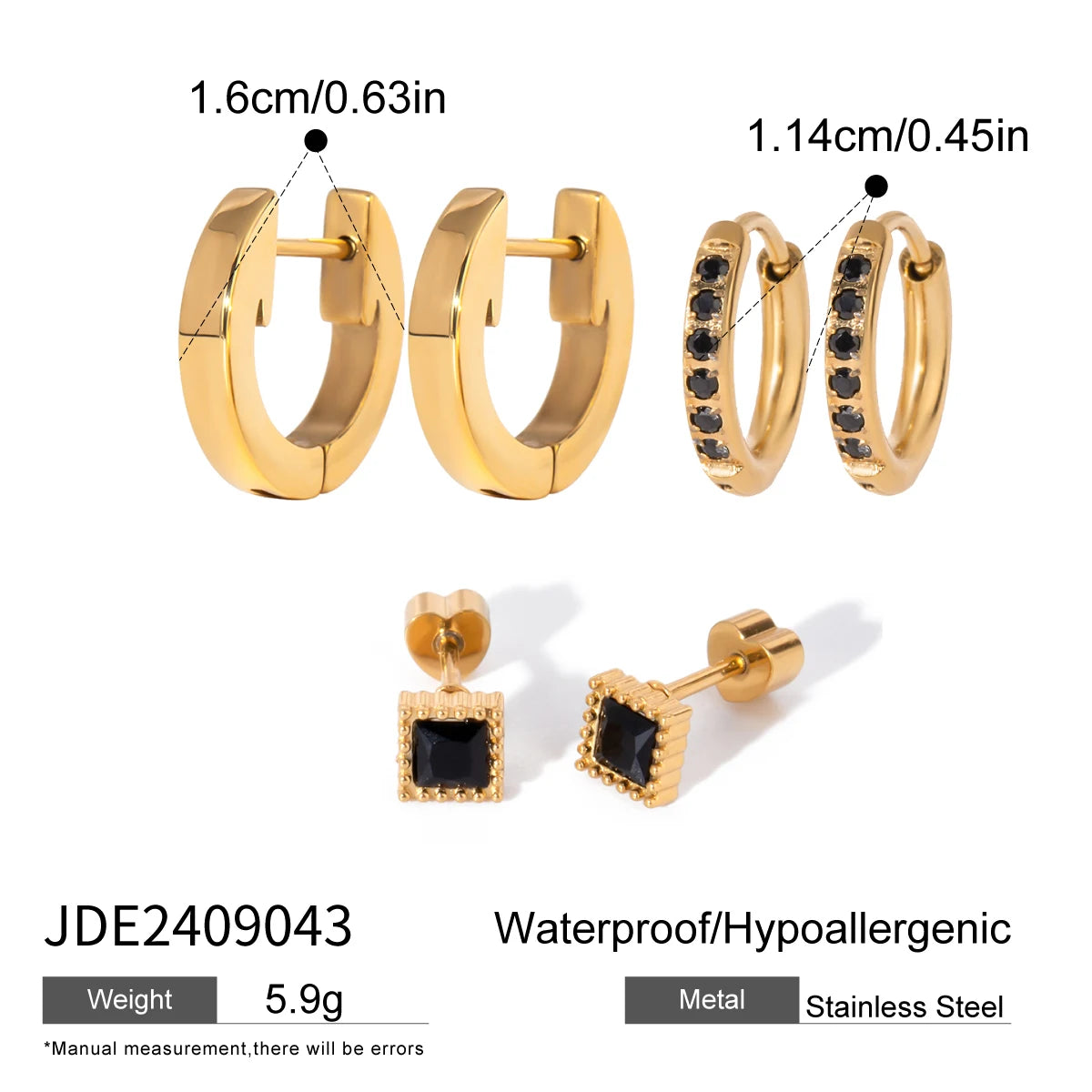 18k Stainless Steel Vintage Black Rhinestones Buckle Earrings 3 Pairs In One Card Women Statement Charm Rust Proof Jewelry