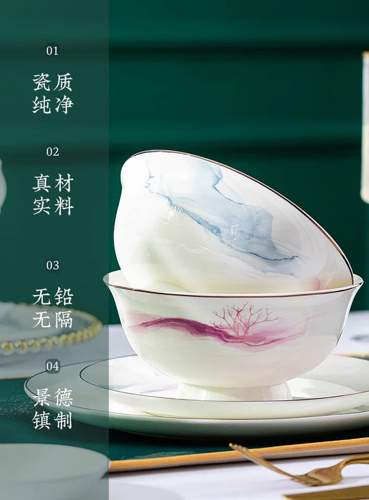 Jingdezhen Ceramic Bowl and Dish Set, Bone Porcelain Bowl and Chopstick Household Tableware Set