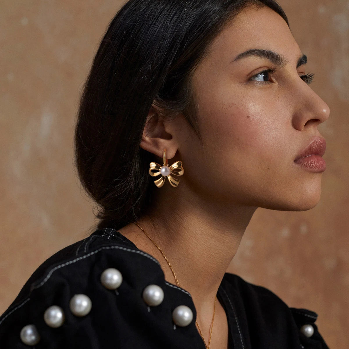 Sløjfeformet 18K PVD belagt statement Metal rustfrit stål indlæg perle vedhæng halskæde/øreringe/ring kvinder smykker Bijoux