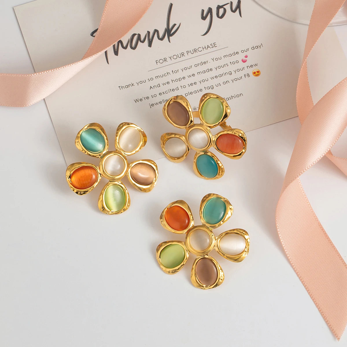 Minimalistische 18k vergoldete Edelstahl bunte Katzenaugenstein Hammer Blumen Ohrringe Ring Damen Anti-Allergie Charms Schmuck