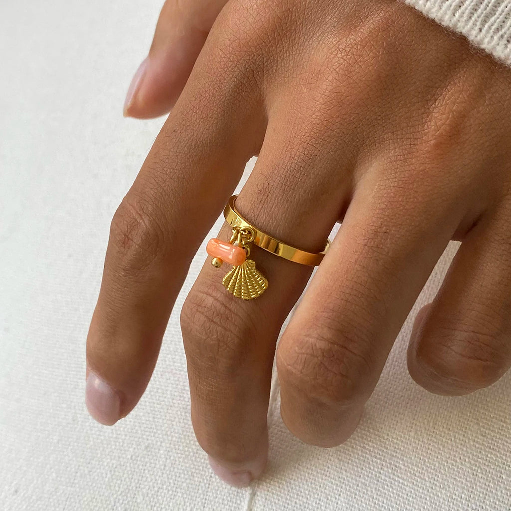 Zora Boho Ocean Style Adjustable Open Ring Gold Plated Stainless Steel Coral Freshwater Pearl Shell Charm Beach Jewelry Gift