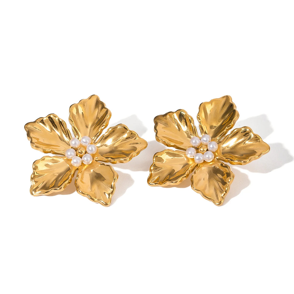 Trendy 18k Stainless Steel Vintage Imitation Shell Bead Flower Texture Earrings Women Statement Texture Rust Proof Jewelry