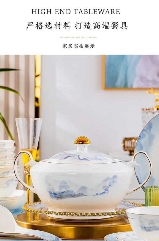 Jingdezhen Light Luxury Wind Bowl and Dish Set Household Bone Porcelain Tableware Bowls, Chopsticks, and Dishes Complete Set