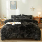Ultra Soft Black Faux Fur 3-Piece Queen Comforter Set – Plush Fluffy Bedding with Duvet Cover and 2 Pillowcases