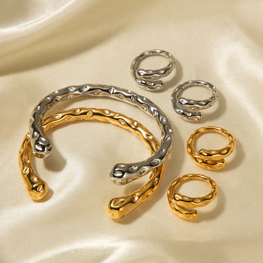 Asymmetry Sensuous Contemporary Statement Opening Ring Contours Bangle or Cuff Shape And Form Set Waterproof Jewelry Women