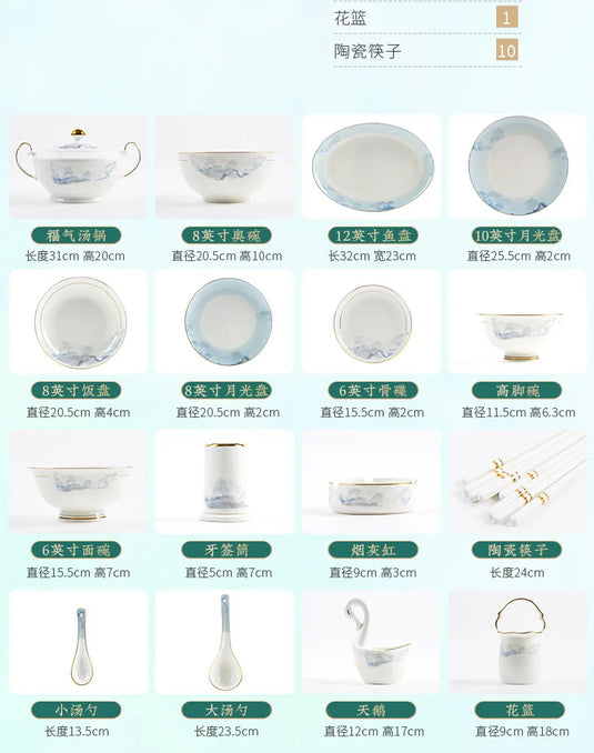 Jingdezhen Light Luxury Wind Bowl and Dish Set Household Bone Porcelain Tableware Bowls, Chopsticks, and Dishes Complete Set