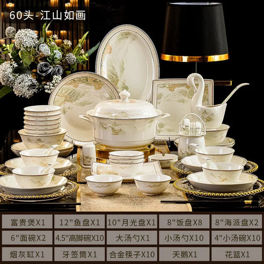 Ensemble de vaisselle Jingdezhen, ensemble de vaisselle de pendaison de crémaillère, bol et assiette, ensemble de vaisselle en céramique, assiette de luxe légère, bol