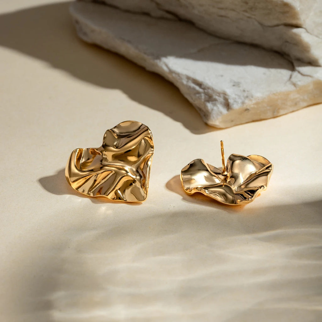 18K Minimalistisk Hammer Grain Love Heart Øreringe Chic Rustfrit Stål Minimalistisk Vandtæt Højkvalitets бижутерия Festgave