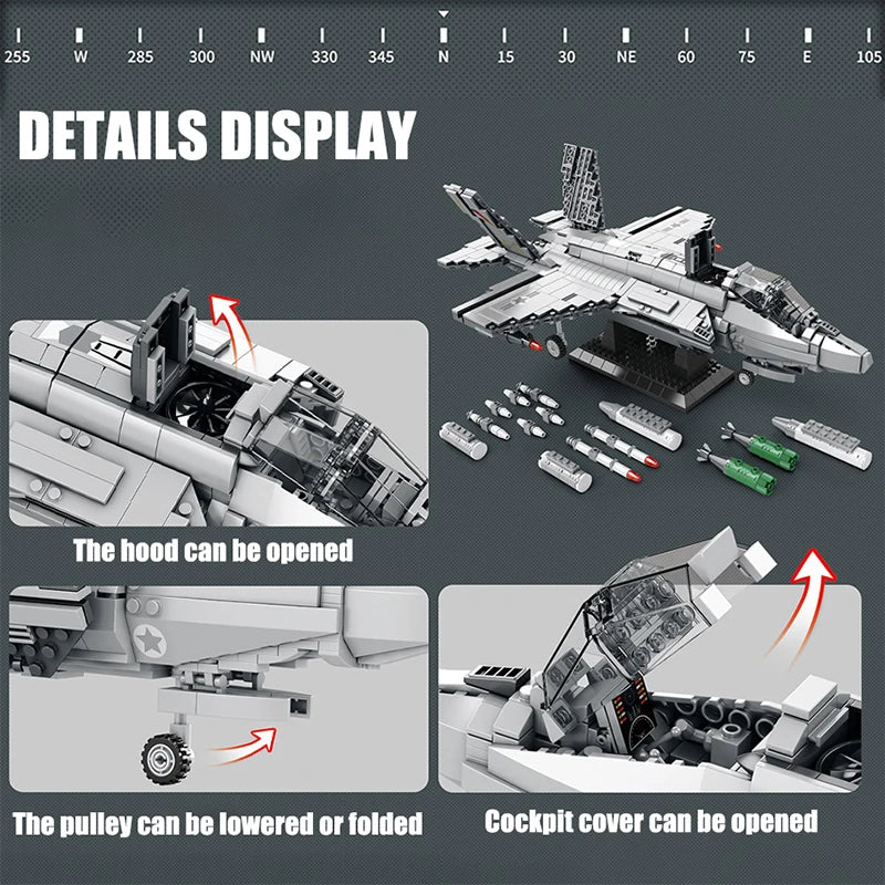 MOC Military Series Jump Jets F14 F16 F18 F22 F35 Aircraft Building Blocks War Fighter Model Bricks Toys For Childrens Boy Gifts