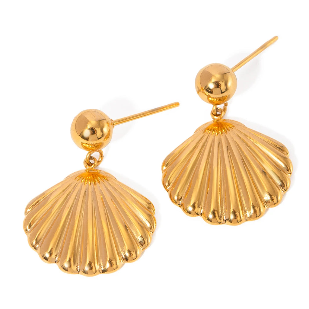 Brinco de Concha do Mar Pequena Bola de Metal Textura Resistente à Água Hipoalergênico Fino Polido em Aço Inoxidável Banhado a Ouro 18K