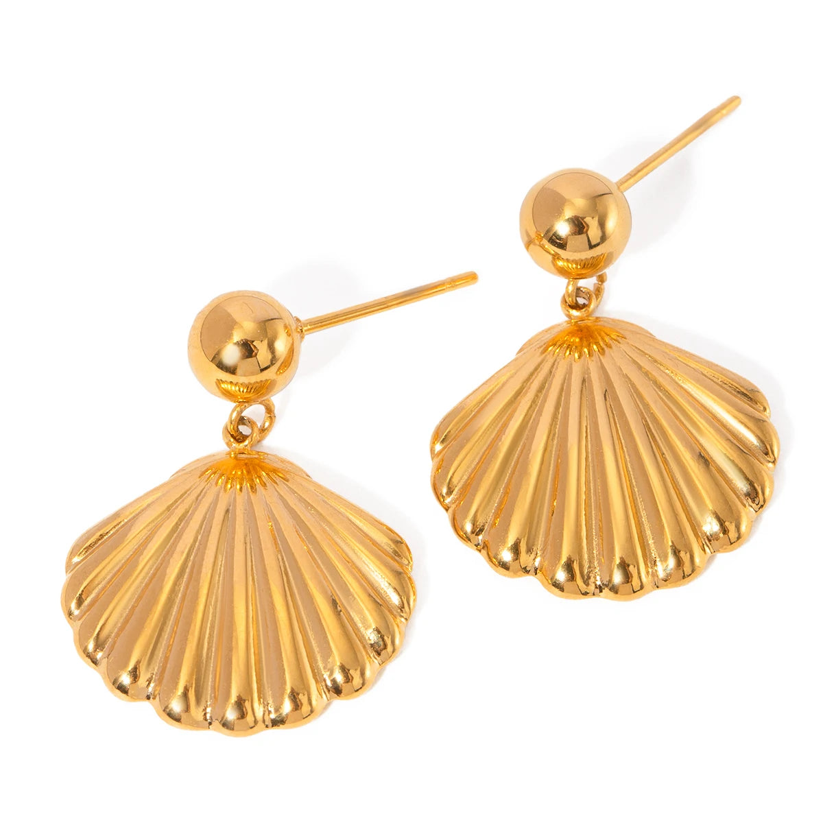 Brinco de Concha do Mar Pequena Bola de Metal Textura Resistente à Água Hipoalergênico Fino Polido em Aço Inoxidável Banhado a Ouro 18K