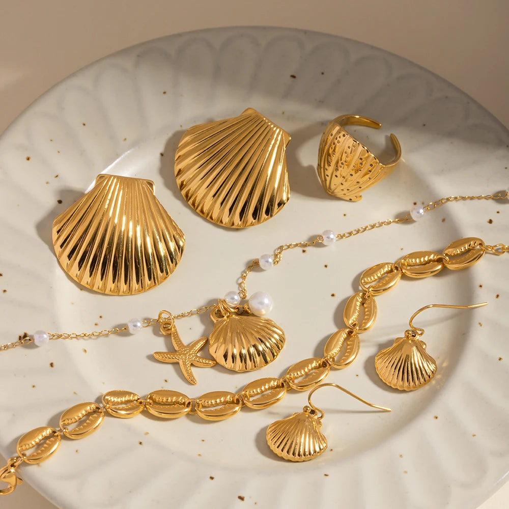 18K vergoldeter Edelstahl Meer Ozean Element Muschel Kaurischnecke Muster Ohrring/Ring/Halskette Damen Ohr Schmuck ohne Anlaufen