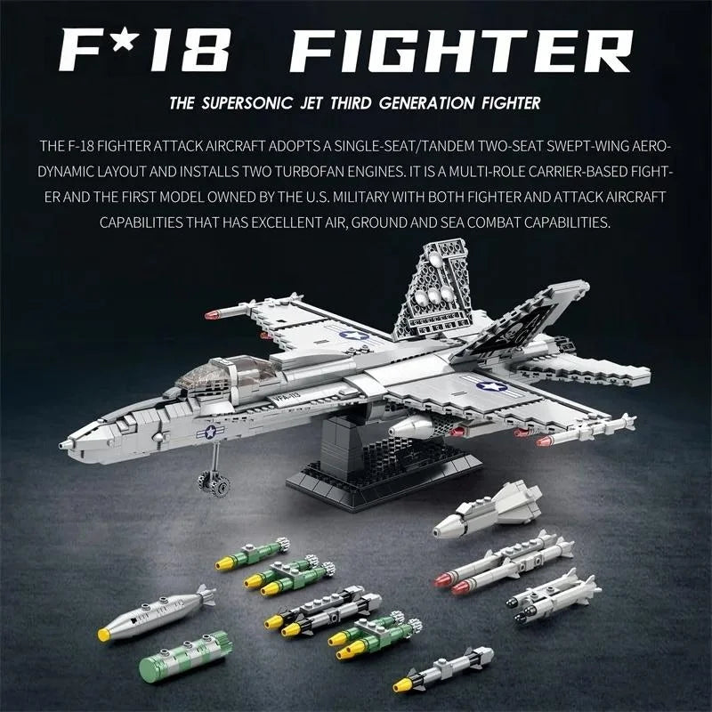 1387PCS Military F-18 Strike Fighter Aircraft Building Blocks MOC Carrier-Base Fighter Model Bricks Set Holiday Gifts Kids Toys