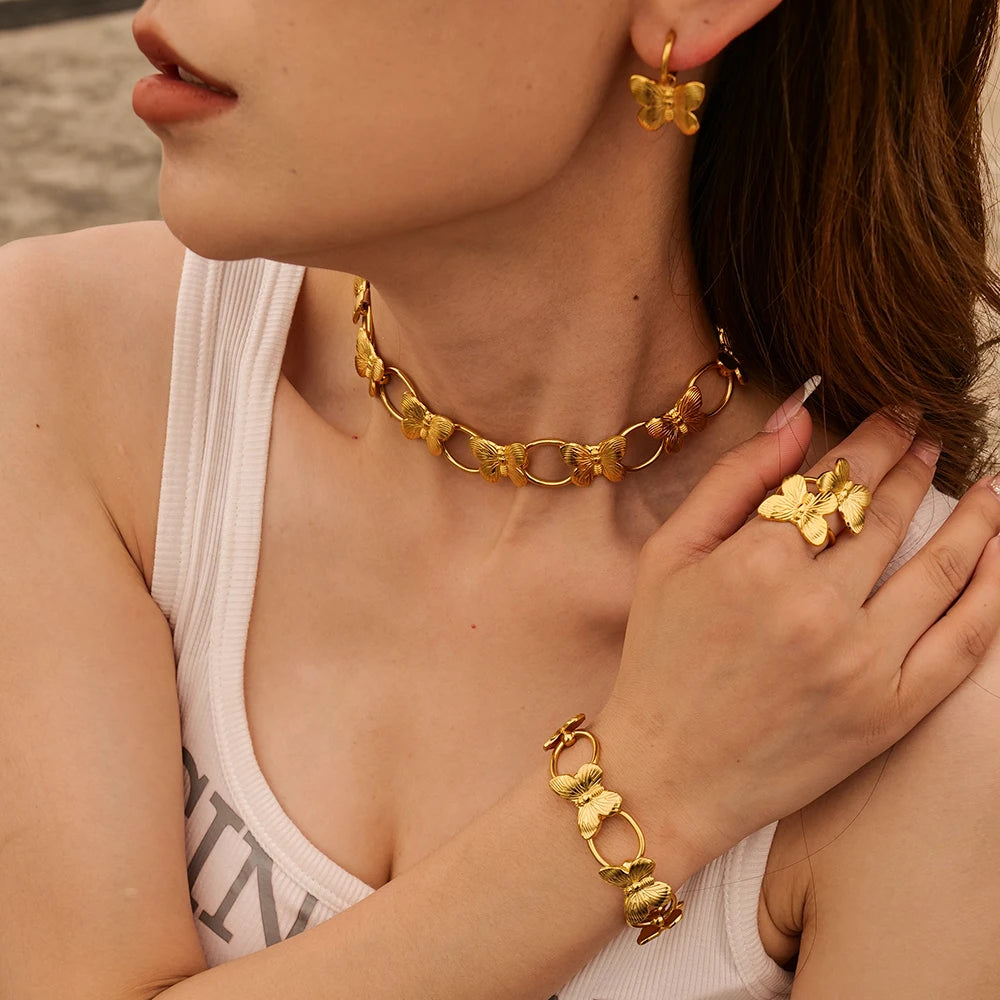 Polytype anløbssikker farverige smykkesæt i rustfrit stål til kvinder Øreringe Armbånd 18K guldbelagte øreringe Armbåndssæt