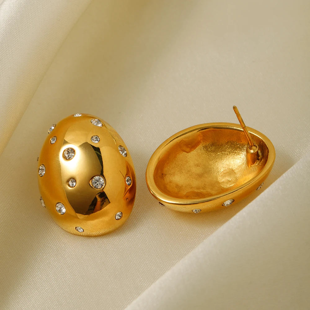 Boucles d'oreilles ovales plaquées PVD or 18 carats en acier inoxydable avec incrustation de strass blancs, charme étanche, accessoires pour femmes, cadeau de bijoux