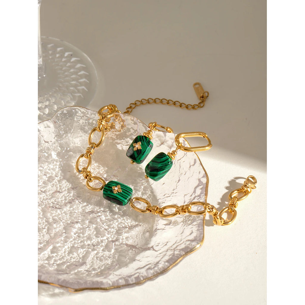 Malachit Anhänger Ohrringe Armband Edelstahl Metall 18K Gold PVD-beschichtet Damen Allergievorbeugend Attraktiver Schmuck