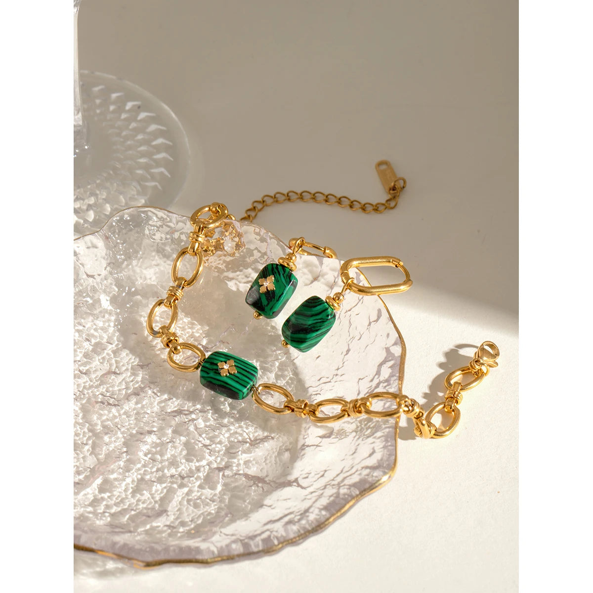 Malachit Anhänger Ohrringe Armband Edelstahl Metall 18K Gold PVD-beschichtet Damen Allergievorbeugend Attraktiver Schmuck