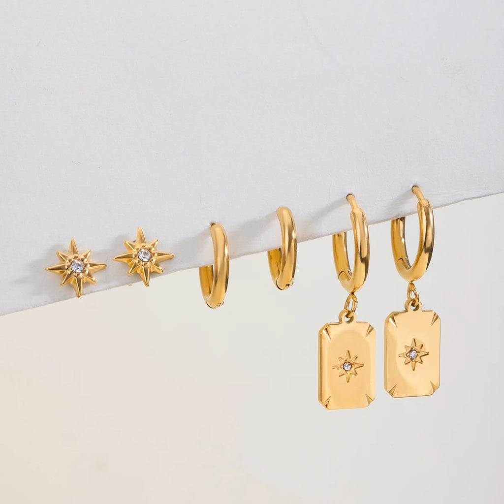 3 Pairs Per Card Stainless Steel White Rhinestone Octagonal Star Plain Circle Ear Buckle Earring Women 18K PVD Plated Jewelry