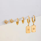 3 Pairs Per Card Stainless Steel White Rhinestone Octagonal Star Plain Circle Ear Buckle Earring Women 18K PVD Plated Jewelry