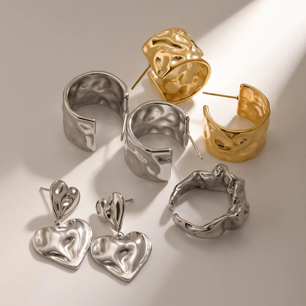 Trendy 18K Stainless Steel Gold Plated Wide Hammer Grain Hoop Earrings Tarnish Free Temperament Charm Jewelry aretes de mujer