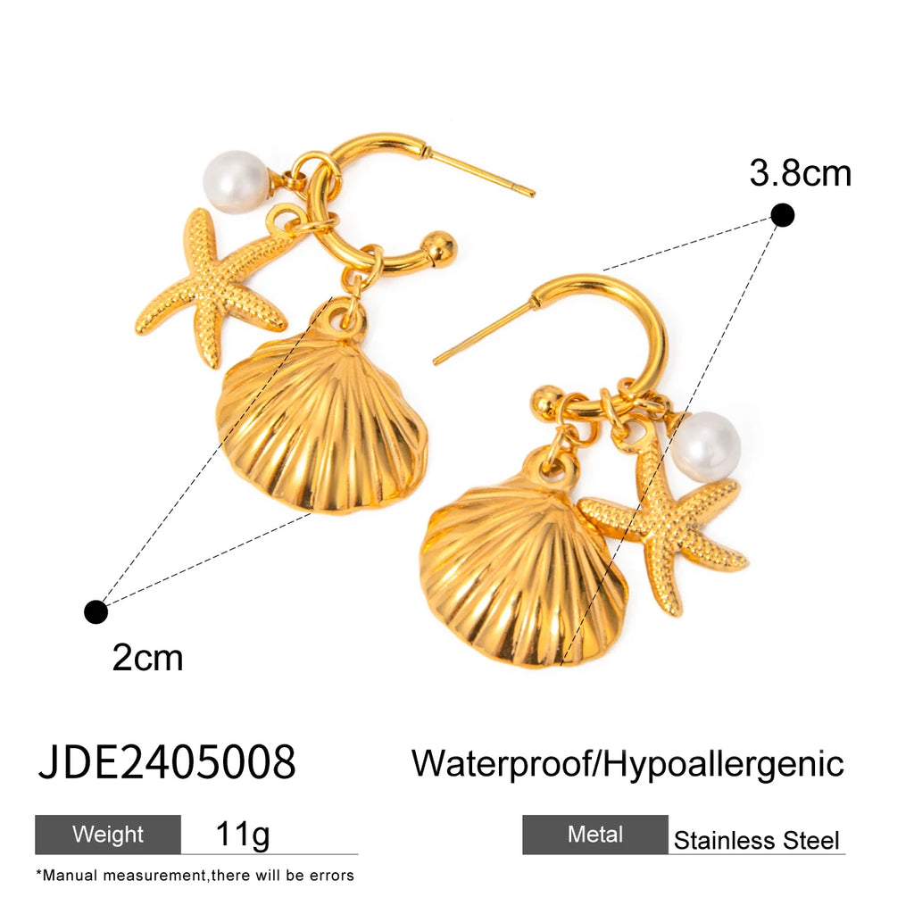 Summer 18K Gold Plated Sea Ocean Series Vintage Gold Starfish Shell Earrings Stainless Steel Statement Waterproof Jewelry