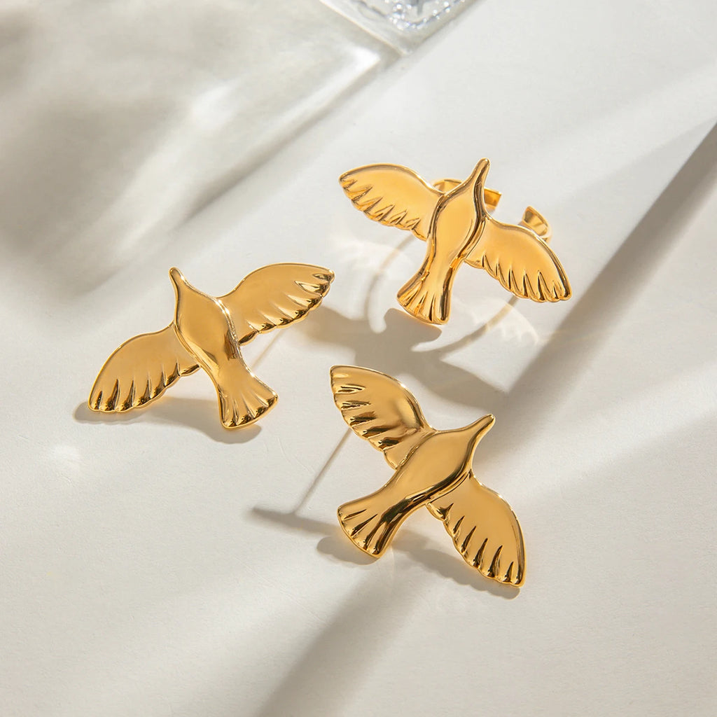 Minimalistische 18k vergoldete glatte Friedens-Taube offener Ring Ohrstecker aus Edelstahl für Damen, rostfrei, exquisite Schmuckstücke Bijoux