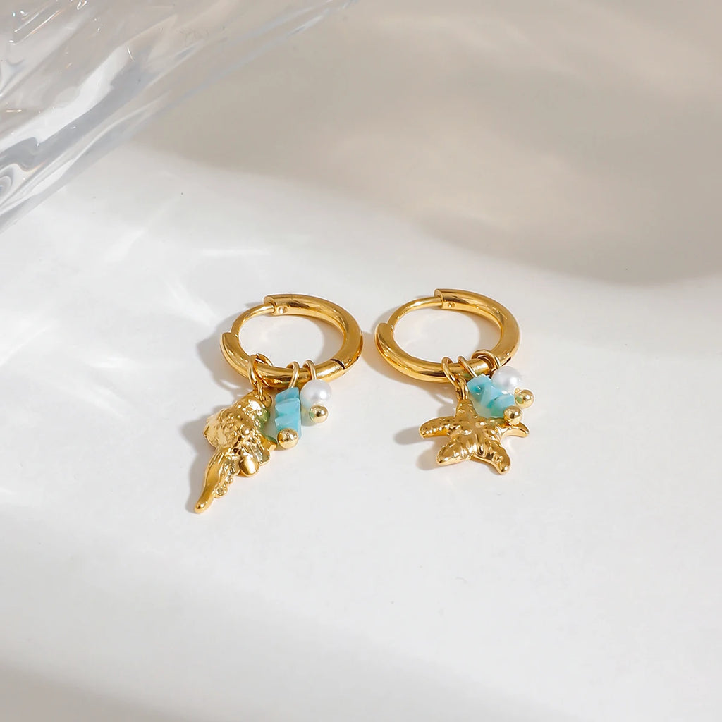 Zora Ocean Style Charm Drop Earrings Gold Plated Stainless Steel Conch Starfish Imitation Pearl Crystal Waterproof Jewelry