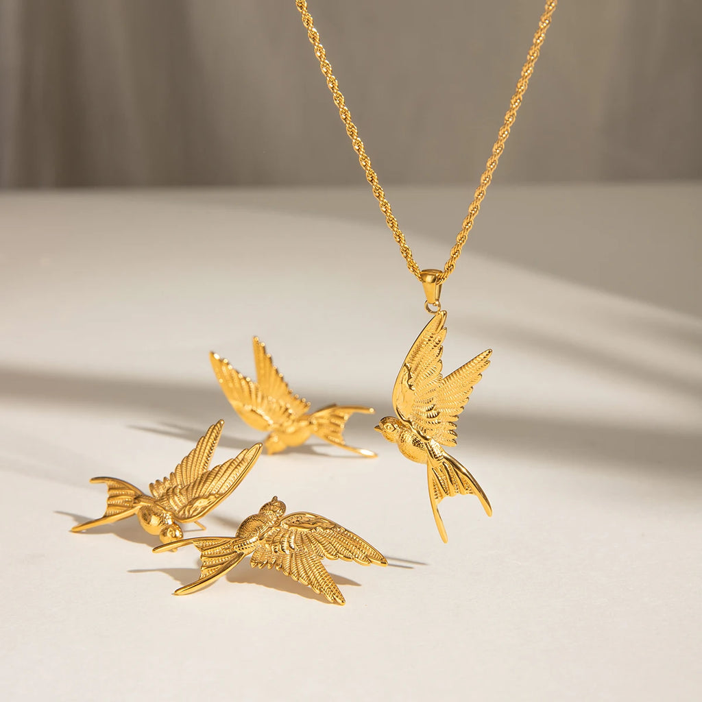 18K Stainless Steel Stylish Vintage Peace Dove Design Earrings Rings Necklaces Women Trendy Charm Metal Chic Statement Jewelry