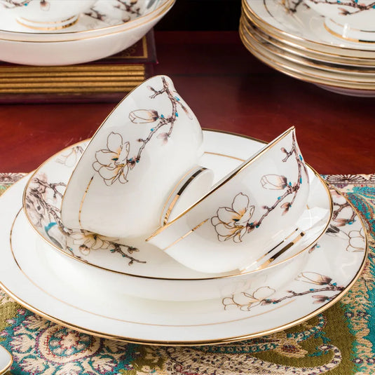 Jingdezhen Ceramic Tableware 10 Personal Tableware Set Gold Painted Household Bowls, Dishes, Bone Porcelain Set