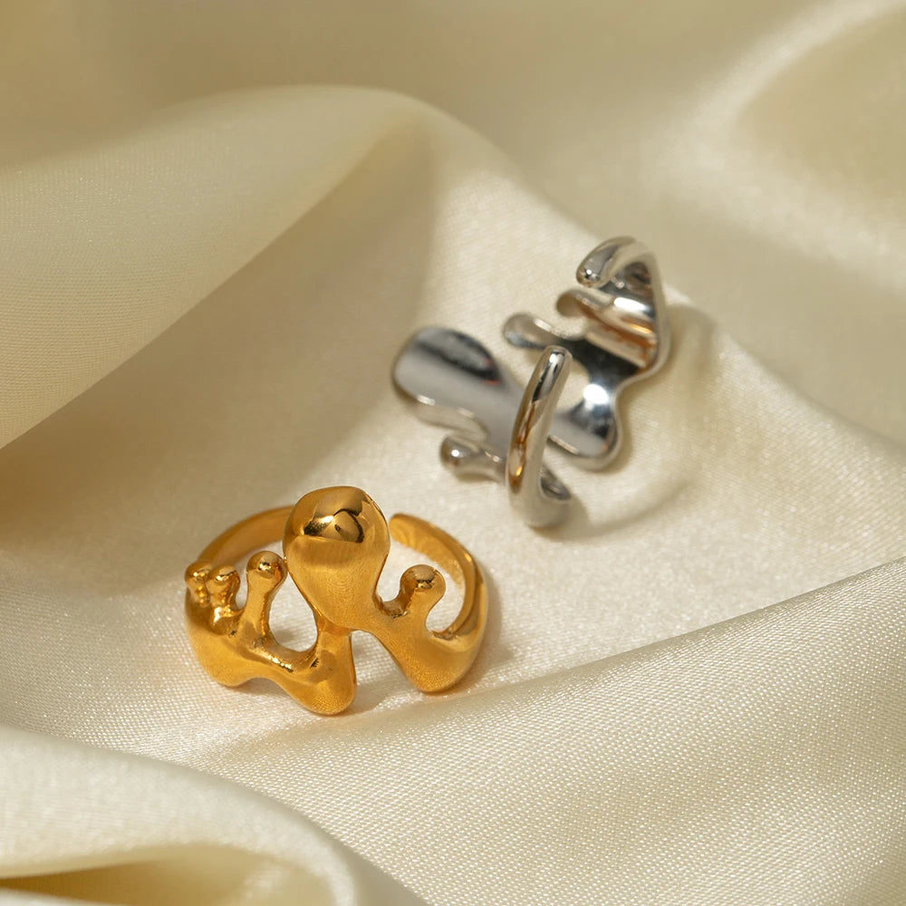 Edelstahl Unregelmäßiger Geometrischer Flüssiger Schmelz Offener Ring 18K Gold PVD Beschichtet Glatt Trendiger Modischer Charme Ring Für Frauen