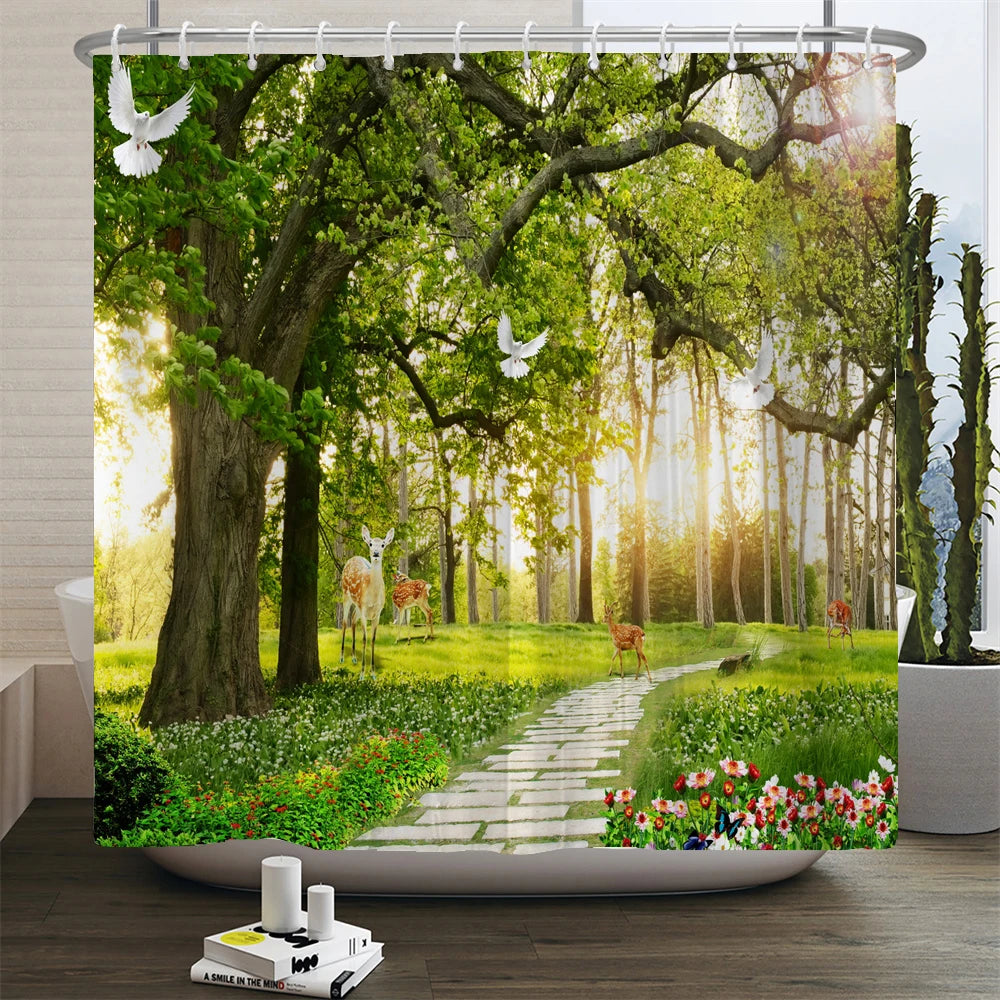 پرده دوش ضدآب چاپ منظره گل فضای باز پلی‌استر 3D نمای خیابان باغ دکوراسیون منزل