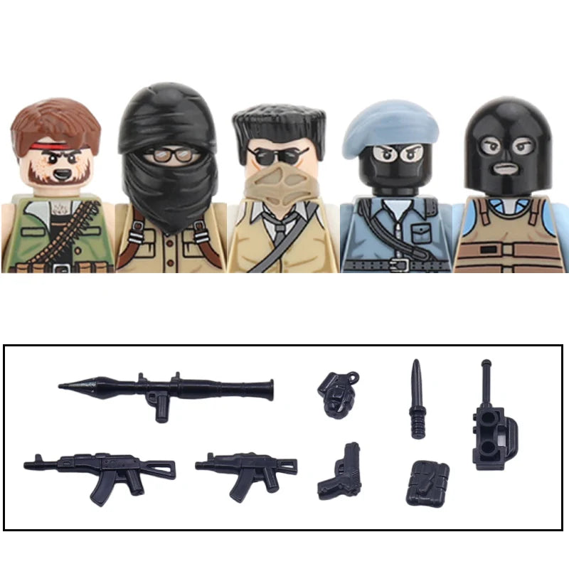 City Accessories MOC Villain Gangster Figures Building Block Modern Soldier Mask Helmet Guns Bazooka Military Weapon Bricks Toys