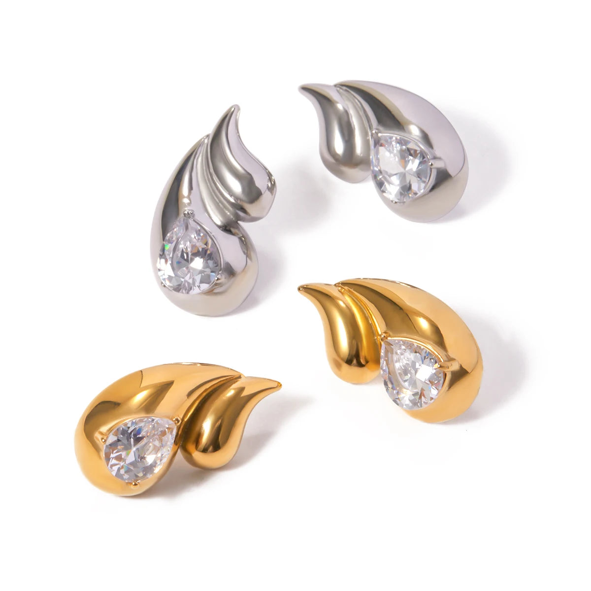 Brincos de Gota de Água Dupla Geométricos de Aço Inoxidável à Prova d'Água Banhados a Ouro 18k com Pingente de Diamante Joia Antialérgica de Destaque