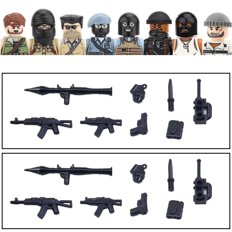 City Accessories MOC Villain Gangster Figures Building Block Modern Soldier Mask Helmet Guns Bazooka Military Weapon Bricks Toys