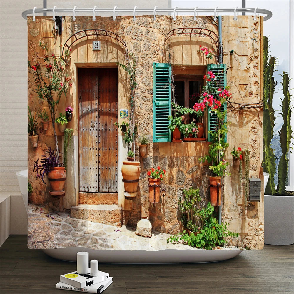 پرده دوش ضدآب حمام چاپ منظره گل فضای باز پلی‌استر 3D نمای خیابان باغ دکوراسیون منزل