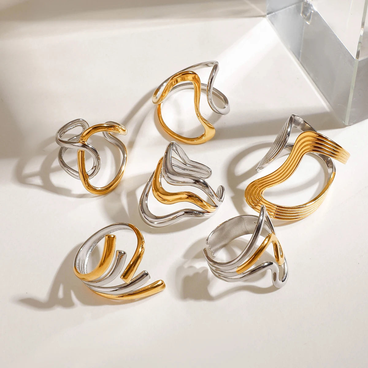 Gold Silber Farbe Passend Glatt Unregelmäßig Gewunden Offener Ring 18K PVD Beschichtet Damen Anti Allergisch Metall Charm Täglicher Schmuck