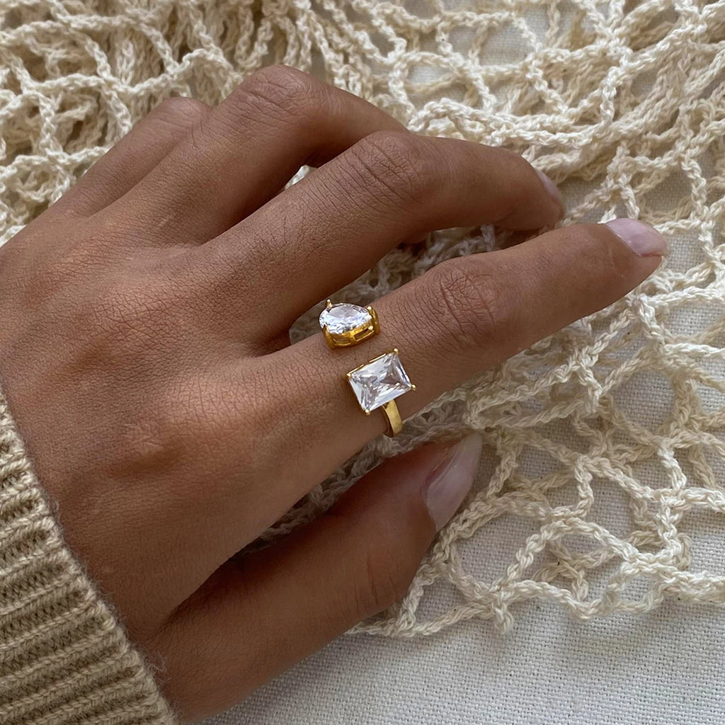 18K vergoldeter Edelstahl rechteckiger Tropfenförmiger Zirkonia offener Ring für Damen, antiallergisches Metall, Statement-Schmuck