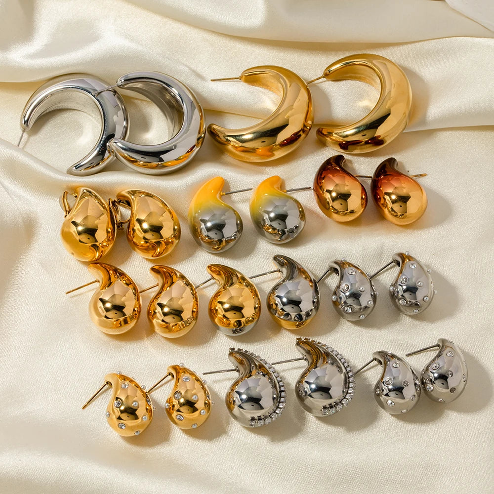 Vanddråbe i rustfrit stål Håndemaljerede, hule øreringe i mode, personlig guldfarve tekstur, vandtætte smykker