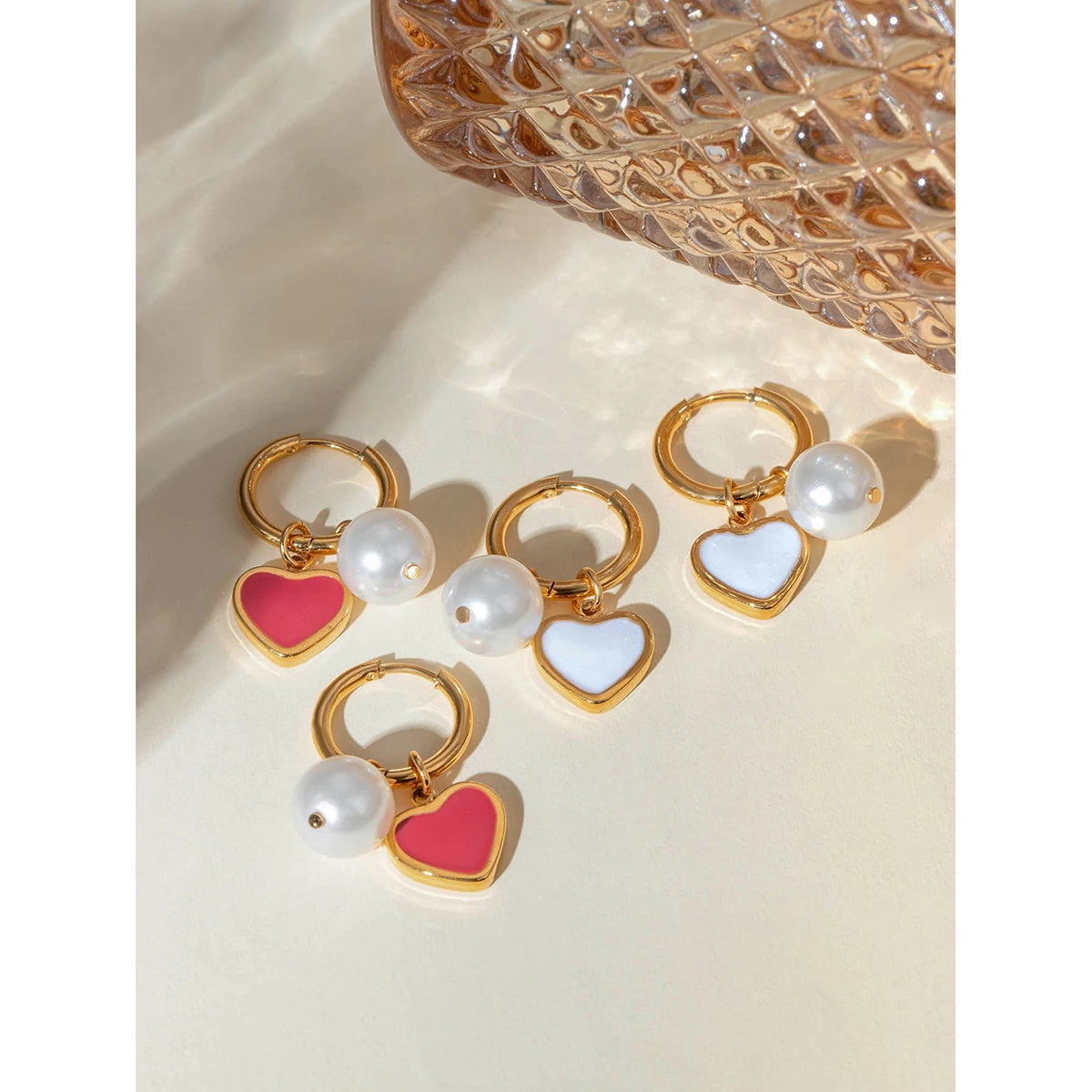 Anti Allergic 18K Gold Plated Pearl White Dripping Oil Love Heart Earrings Stainless Steel Delicate Free Temperament Jewelry