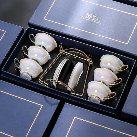 PEARL Elegant Exquisite Bone China Coffee Cups for Couples Golden Galaxy Tea Set Victorian Style 200ml Gray/Gold Handles Luxury Ceramic Coffee/Tea Mugs Saucers Gift Box Packaging for Special Occasions