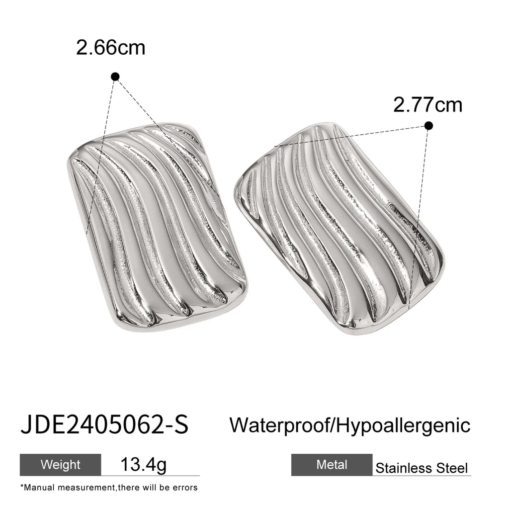 18K PVD Plated Fashion Vintage Rectangular Ribbed Stripe Earrings Stainless Steel Women Prevent Allergy Stylish Jewelry