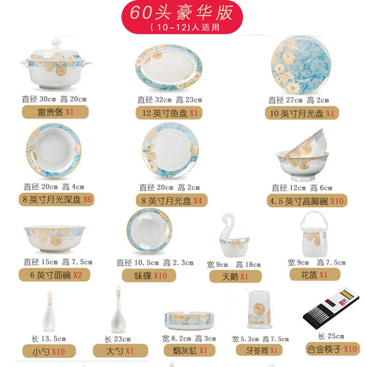 Bols et assiettes de luxe modernes Vaisselle en céramique Jingdezhen, ensemble de bols et d'assiettes à bordure dorée, ménage