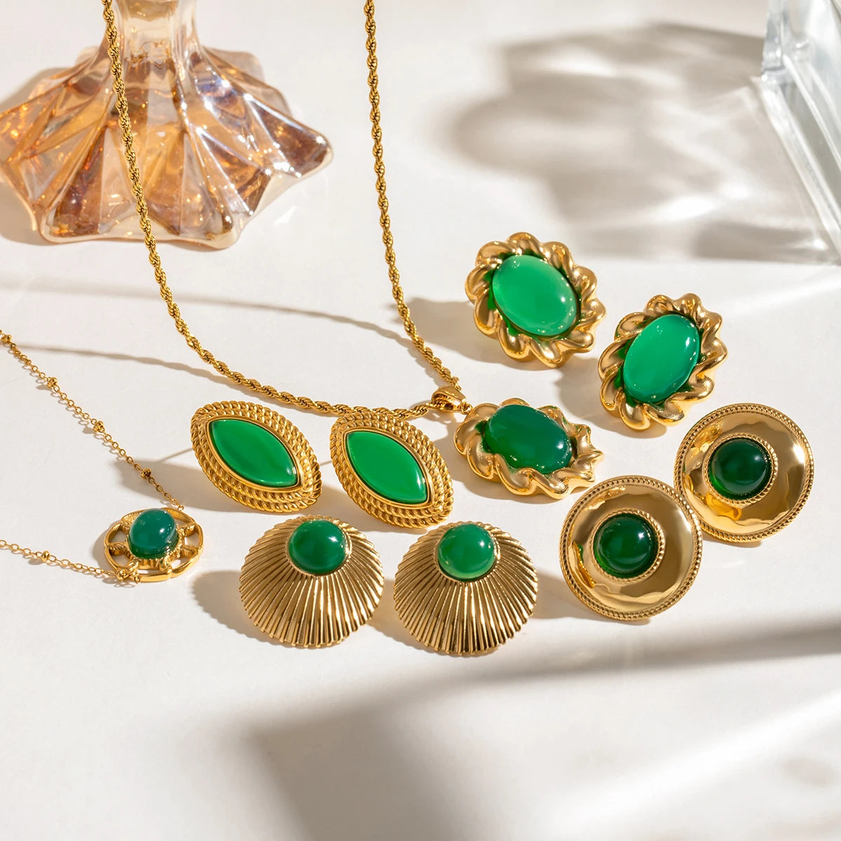 18k forgyldt rustfrit stål indlagt natursten Grøn agat øreringe Halskæde Armbånd Series Femme vandtætte smykker