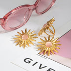 Pendientes y anillo para mujer con piedra de ojo de gato y patrón de sol, de acero inoxidable chapado en oro de 18k, antialérgicos, a prueba de óxido, joyería elegante